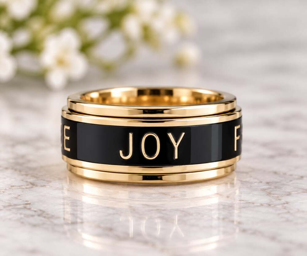 Faith Hope Love Joy Black Enamel Gold Tone Spinner Ring